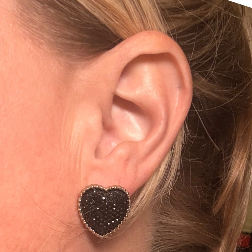 Heart Stud Druzy Earrings Women Black Good Glitter Gold Tone Beaded Edge